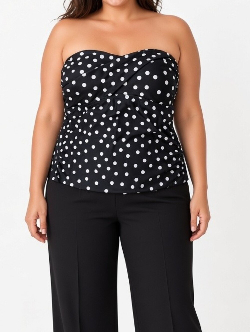 1X Black Polka Dot Strapless Top & Black Wide Leg Pants Set